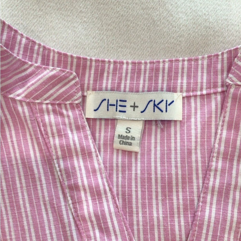 She + Sky Pink & White Stripe Puff Sleeve Mini Sundress Size Small V Neckline - Picture 6 of 12